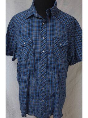 Wrangler Mens 3XT Blue Plaid Button Down Short Sleeve Western Cowboy Shirt